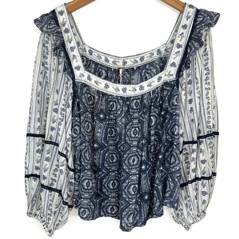NWT Free People Mostly Meadow Blue Ivory Long Puff Sleeve Square Neck Top Size L